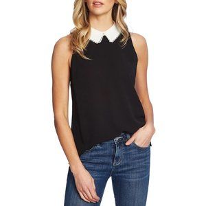 CECE Embroidered Dots Collared Sleeveless Top